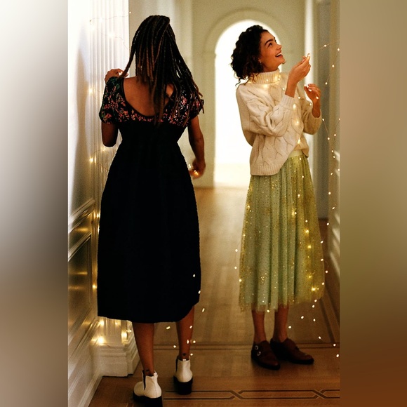 By Anthropologie Sydney Shimmer Tulle Midi Skirt Light Green Gold Glitter Large - Picture 4 of 12